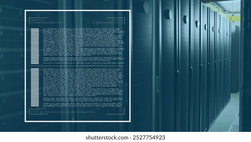 Image of loading bars and computer language over data server room. Digital composite, business, progress, network security, data center, networking, technology and network server concept.