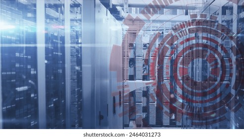 Image of loading circles and bars on data server racks in server room. Digital composite, business, progress, shape, data center, networking, technology and network server concept. - Powered by Shutterstock - Get 15% off with code: PIKWIZARD15