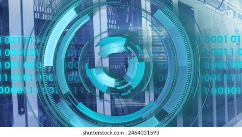 Image of loading circles and binary codes over data server racks in server room. Digital composite, business, progress, computer language, data center, networking, technology and network server.