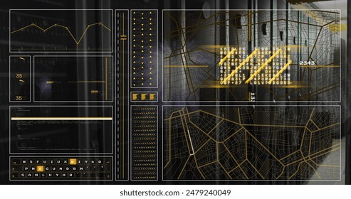 Image of loading circles, changing numbers, navigation pattern, computer language on server room. Digital composite, multiple exposure, progress, coding, networking, technology network server.