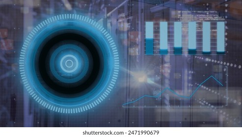 Image of loading circles, graphs and computer language over server room. Digital composite, multiple exposure, report, business, progress, coding, data center, networking and technology concept.