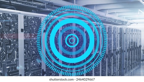Image of loading circles over circuit board pattern on data server racks in server room. Digital composite, business, progress, data center, networking, technology and network server concept. - Powered by Shutterstock - Get 15% off with code: PIKWIZARD15