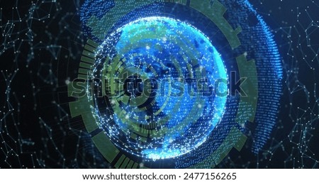 Image of loading circles over connected dots around globes against abstract background. Digitally generated, hologram, illustration, business, progress, communication and globalization concept.