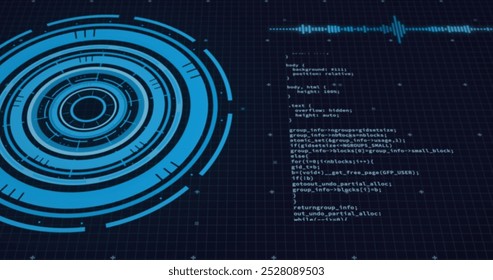 Image of loading circles, soundwave and computer language over black background. Digitally generated, hologram, illustration, business, progress, coding, programming language, technology concept. - Powered by Shutterstock