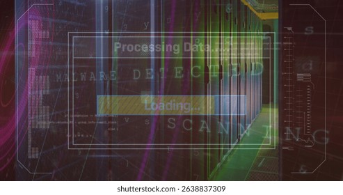 Image of loading and data over servers. Network, data processing and technology concept digitally generated image.