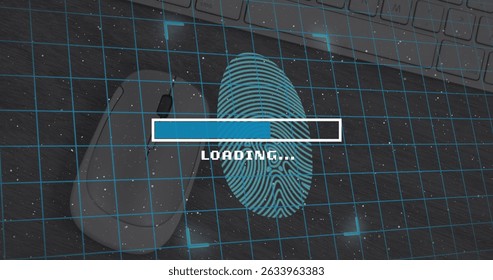 Image of loading over fingerprint, mouse and keyboard on desk. Data processing, internet security and technology concept digitally generated image.