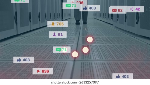Image of loading ring over media icons and server room. global business, data processing, connections and digital interface concept digitally generated image.