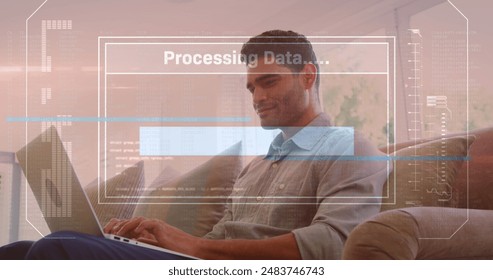 Image of loading text in bar, computer language, biracial man using laptop at home. Digital composite, multiple exposure, progress, business, abstract and technology concept.