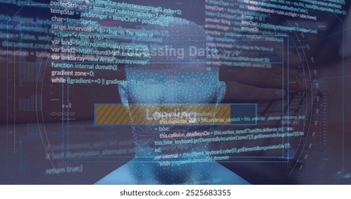 Image of loading text, bar, computer language, digital face on cropped hands typing on keyboard. Digital composite, multiple exposure, anatomy, coding, machine learning, progress and technology.