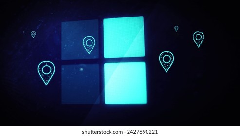 Image of location pins, loading squares with data processing over black background. Global digital interface, computing and data processing concept digitally generated image.