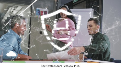 Image of lock with shield and connected dots over diverse colleagues discussing in office. Digital composite, cyber, security, protection, telecommunication, business, teamwork, meeting, document.