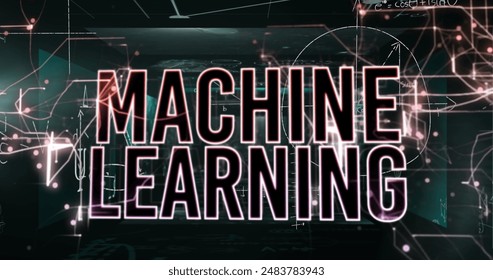 Image of machine learning text banner light trails against screens with mathematical equations. Machine learning and artificial intelligence technology concept