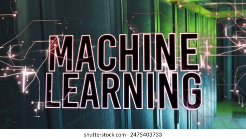 Image of machine learning text over illuminated abstract patterns over server room. Digital composite, multiple exposure, data center, networking, technology and network server concept. - Powered by Shutterstock - Get 15% off with code: PIKWIZARD15