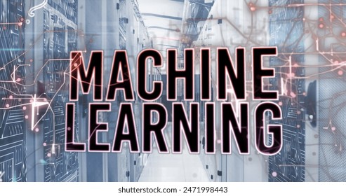 Image of machine learning texts, numbers over circuit board pattern on data server racks. Digital composite, digits, data center, networking, technology and network server concept.