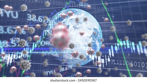 Image of macro Covid-19 cells floating on navy blue background with a globe model and charts. Coronavirus Covid-19 pandemic concept digital composite. - Powered by Shutterstock