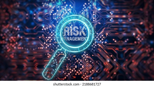 Image of magnifying glass with risk management text over computer circuit board. Global business, technology and digital interface concept digitally generated image. - Powered by Shutterstock