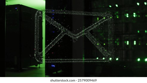 Image of mail icon and digital data processing over computer servers. Global connections, computing and data processing concept digitally generated image.