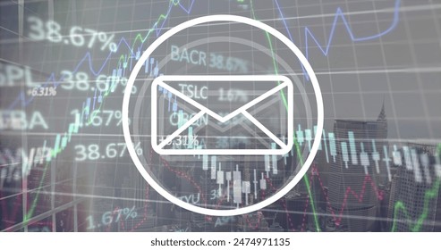 Image of mail icon and financial data processing over cityscape. Global business, finances, computing and data processing concept digitally generated image.
