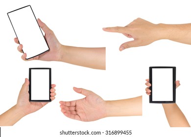 Image Of Male Adult And Kids  Hand Is Holding A Modern Touch Screen Smart Phone.(use Pen Tools Of Photoshop For Isolated Image On White Background)