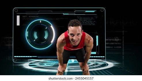 Image of male athlete breathing heavily with scope scanning and data processing. global sport, competition, technology, data processing and digital interface concept digitally generated image. - Powered by Shutterstock