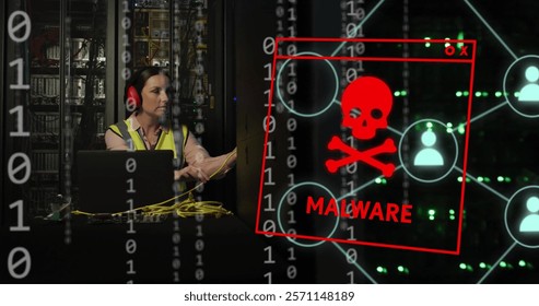 Image of malware text, binary coding and caucasian female it engineer by computer servers. Global connections, cloud computing and data processing concept digitally generated image.