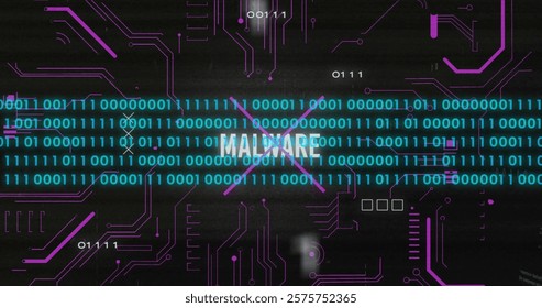 Image of malware text with computer circuit board over data processing on black background. Global technology, computing and digital interface concept digitally generated image.