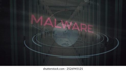 Image of malware text and data processing over computer motherboard and servers. Global online cyber security, computing and data processing concept digitally generated image. - Powered by Shutterstock - Get 15% off with code: PIKWIZARD15