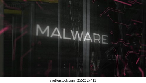 Image of malware text over data processing and server room. Technology and digital interface concept digitally generated image. - Powered by Shutterstock