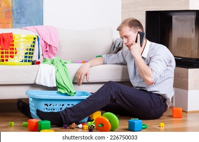 Image man being alone at home and child