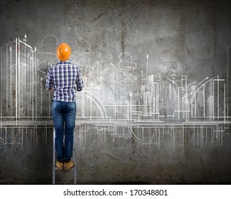 Image Of Man Engineer Against Building Project Sketch