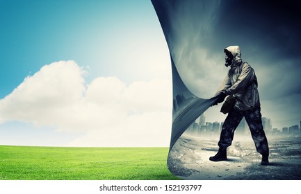 Image of man in gas mask turning page. Ecology concept