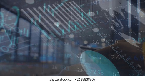 Image of man using smartphone over cityscape. Global business digital interface technology and networking concept digitally generated image.