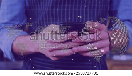 Image of man using smartphone over cityscape. Global business digital interface technology and networking concept digitally generated image.