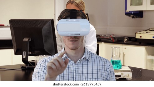 Image of man wearing vr headset over female scientist using computer. global science, research, data processing and digital interface concept digitally generated image.