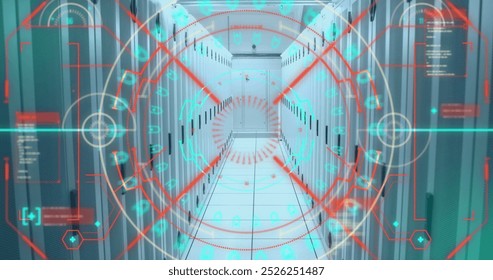 Image of mandala pattern in loading circles and computer language over server room. Digital composite, multiple exposure, progress, data center, networking, technology and network server concept.