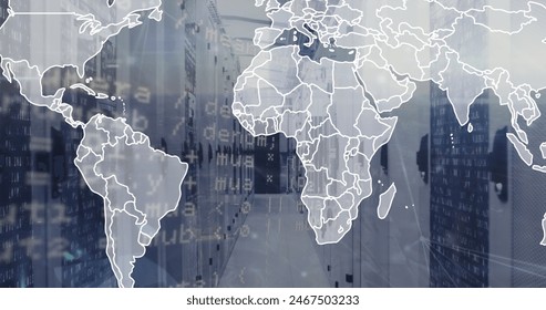 Image of map and computer language over binary codes on server racks in server room. Digital composite, multiple exposure, global, coding, data center, networking, technology concept.