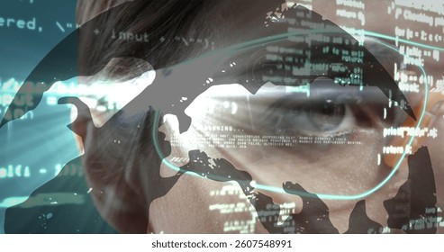 Image of map and data processing over eye of woman in vr glasses using interface. digital interface technology, data processing and global communication concept digitally generated image.