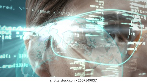 Image of map and data processing over eye of woman in vr glasses using interface. digital interface technology, data processing and global communication concept digitally generated image.