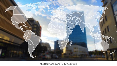 Image of map over time lapse of moving vehicles on street against buildings and cloudy sky. Digital composite, multiple exposure, global, transportation and technology concept. - Powered by Shutterstock