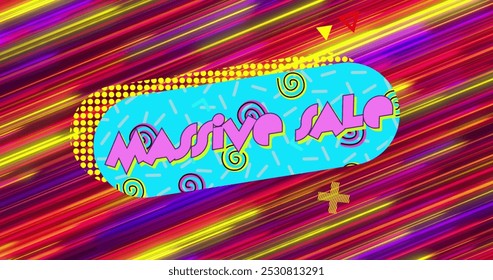 Image of massive sale text banner against colorful light trails in seamless pattern. image game and entertainment technology concept - Powered by Shutterstock