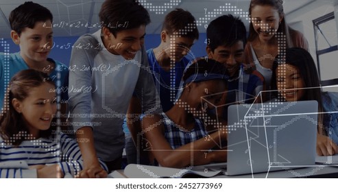 Image of math formulas moving over happy diverse pupils working on laptop. learning, school, education and technology concept digitally generated image.