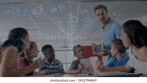 Image of math formulas moving over diverse male teacher and pupils working on laptop. learning, school, education and technology concept digitally generated image.