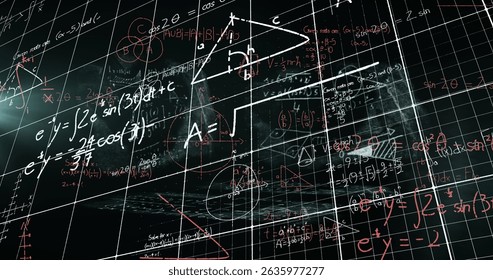 Image of math formulas over checked background and black space. Science, math, digital interface and technology concept digitally generated image.