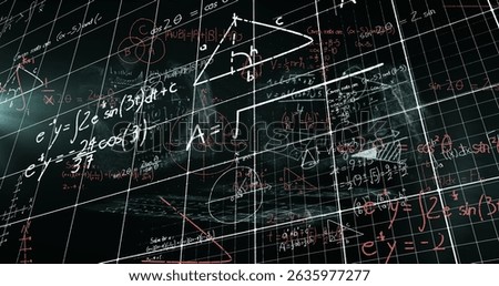 Image of math formulas over checked background and black space. Science, math, digital interface and technology concept digitally generated image.