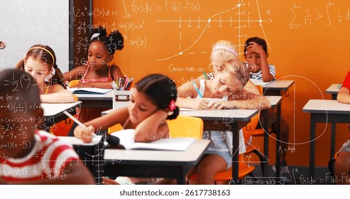 Image of math formulas over class of diverse children learning at school. learning, education and school concept digitally generated image.