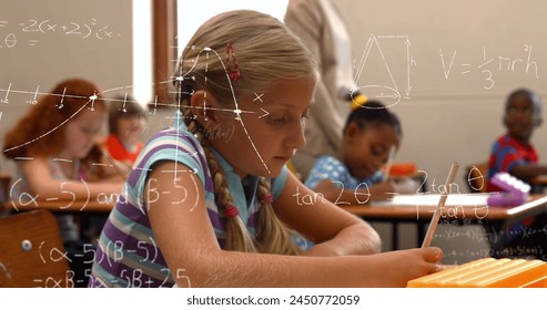 Image of math formulas over focused caucasian girl learning at school. learning, education and school concept digitally generated image. - Powered by Shutterstock - Get 15% off with code: PIKWIZARD15
