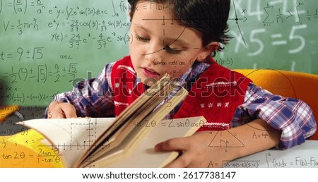 Image of math formulas over focused caucasian boy learning at school. learning, education and school concept digitally generated image.