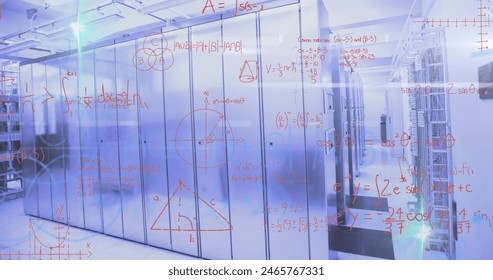 Image of math formulas over servers. Computers, mathematics, network and technology concept digitally generated image.