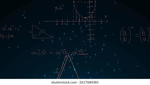 Image of math graps and data over black background. education, learning and science concept digitally generated image.