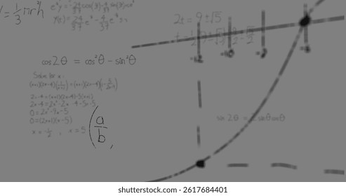 Image of math graps and data over grey background. education, learning and science concept digitally generated image.